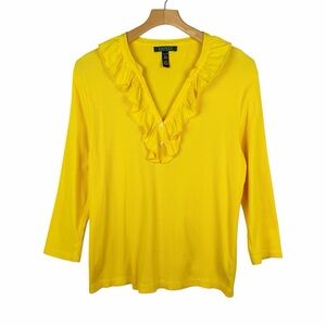 Lauren Ralph Lauren Ruffled Neckline 3/4 Sleeves Yellow Cotton Shirt Size XL